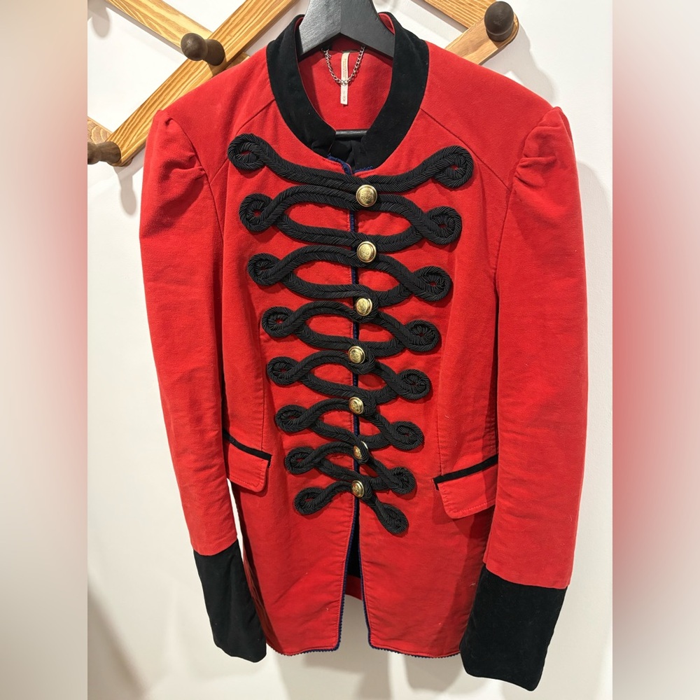 Free People Seamed and Structured Military Blazer in red and black. - Picture 3 of 9